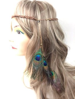 Pletená Čelenka Hnědá s Pavími Pery | Ibiza Boho Styl (1 ks)