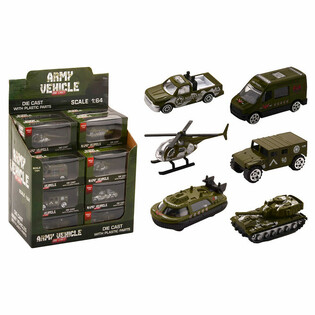 Die Cast - Mix vojensk&yacute;ch vozidel, měř&iacute;tko 1:64 v displeji (24 ks)